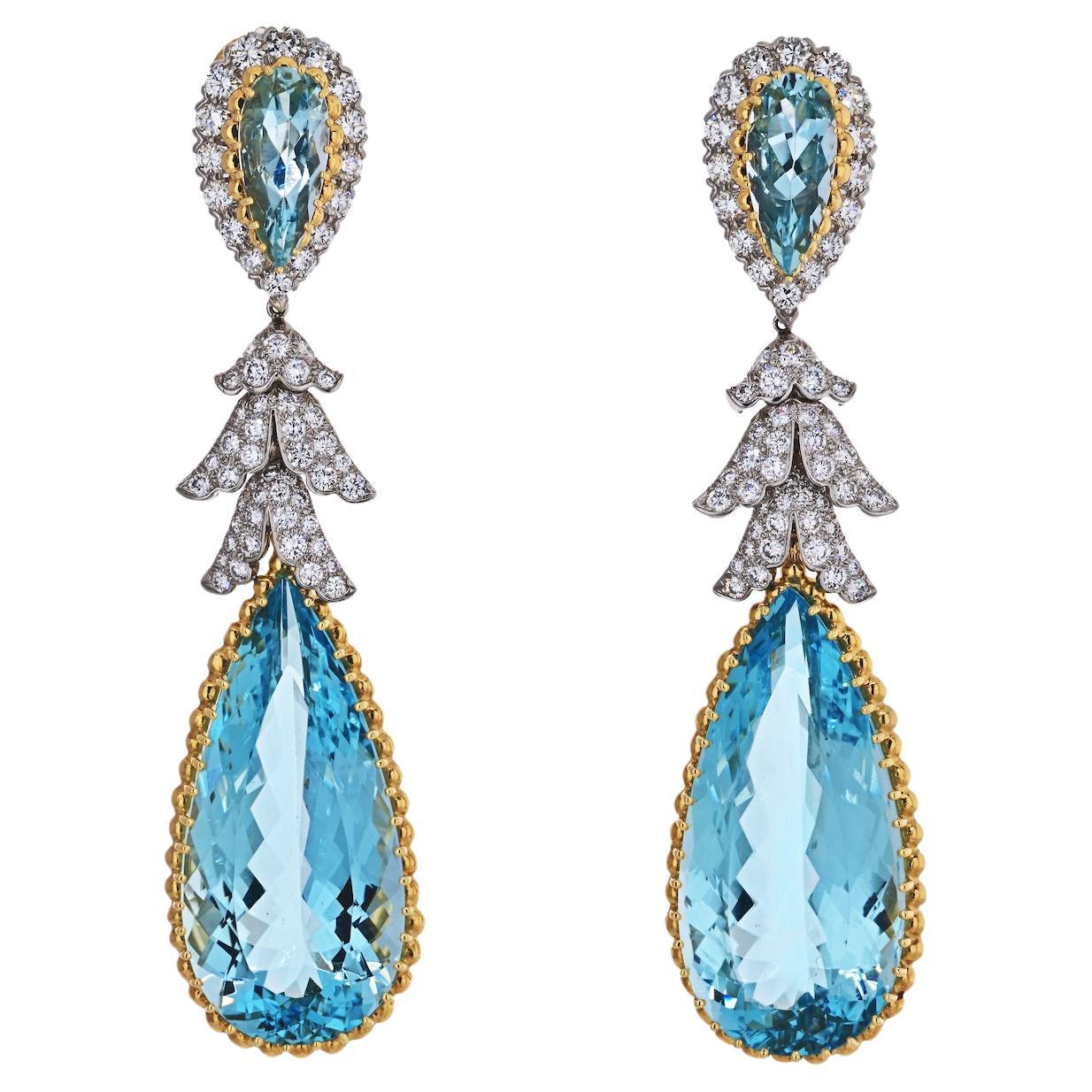 David Webb Aquamarine And Diamond Drop Dangling Earrings For Sale