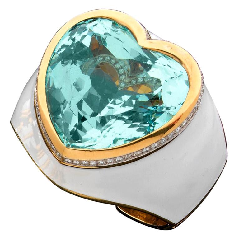 David Webb - Bracelet aigue-marine en forme de cœur:: émail et diamants