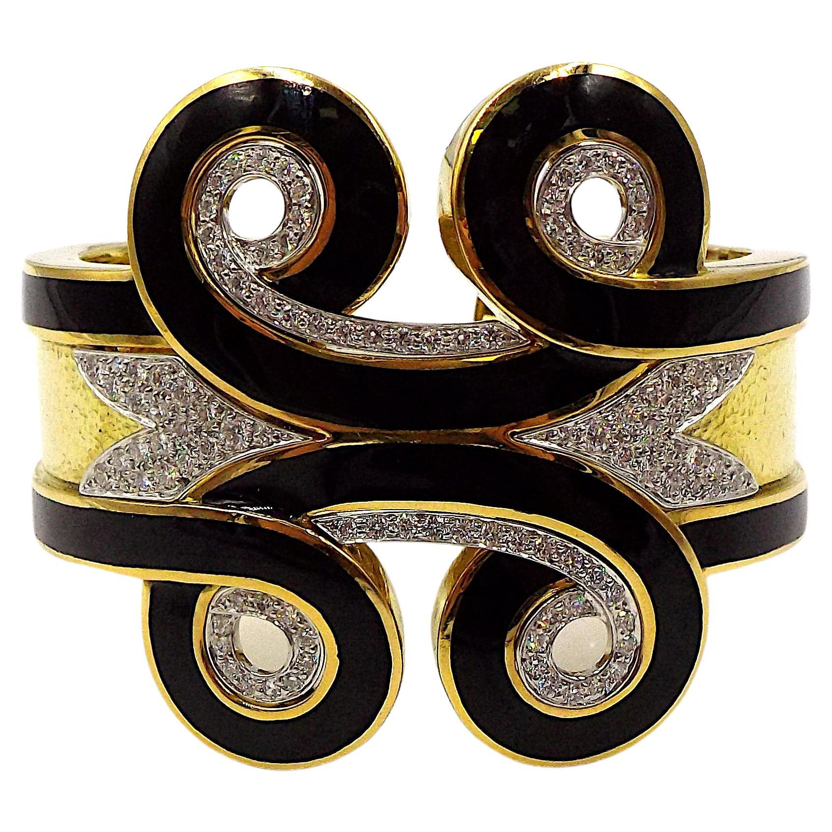 David Webb Arabesque 18K Gold Enamel Diamond Cuff Bracelet For Sale