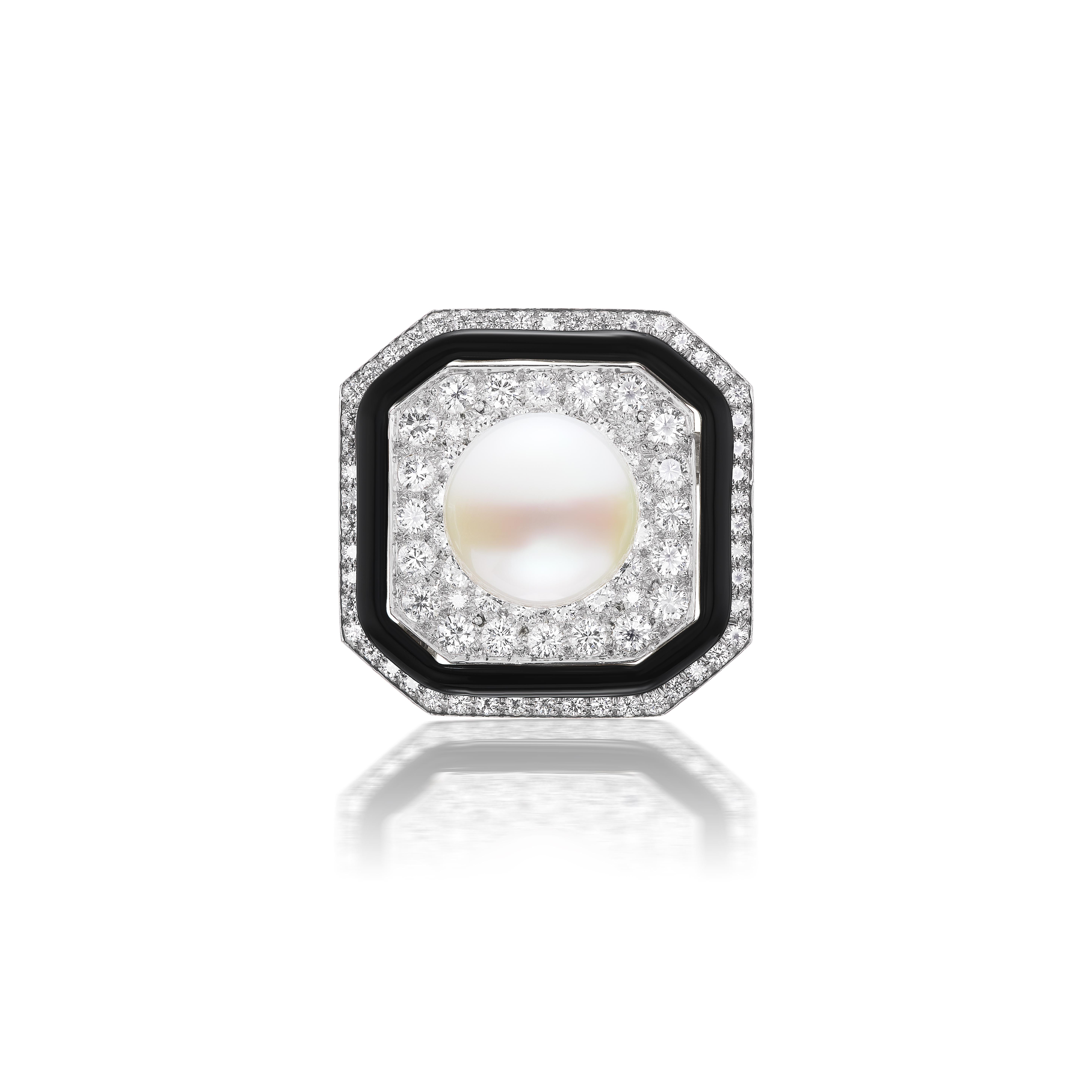Round Cut David Webb Art Deco Style Pearl Diamond and Black Enamel Brooch For Sale