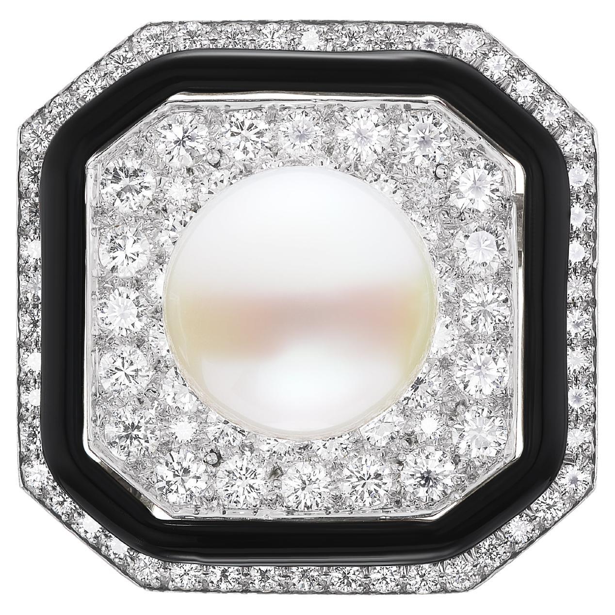 David Webb Art Deco Style Pearl Diamond and Black Enamel Brooch