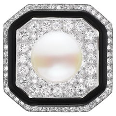 David Webb Art Deco Style Pearl Diamond and Black Enamel Brooch