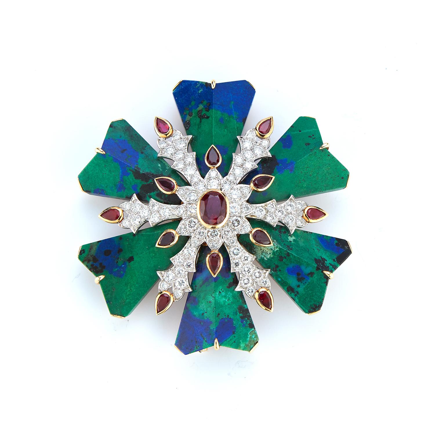 David Webb Azurmalachite Ruby And Diamond Maltese Cross Brooch 
Rubies, Diamonds & green & blue malachite all set in 18 karat gold & platinum
Measurements: 2.25