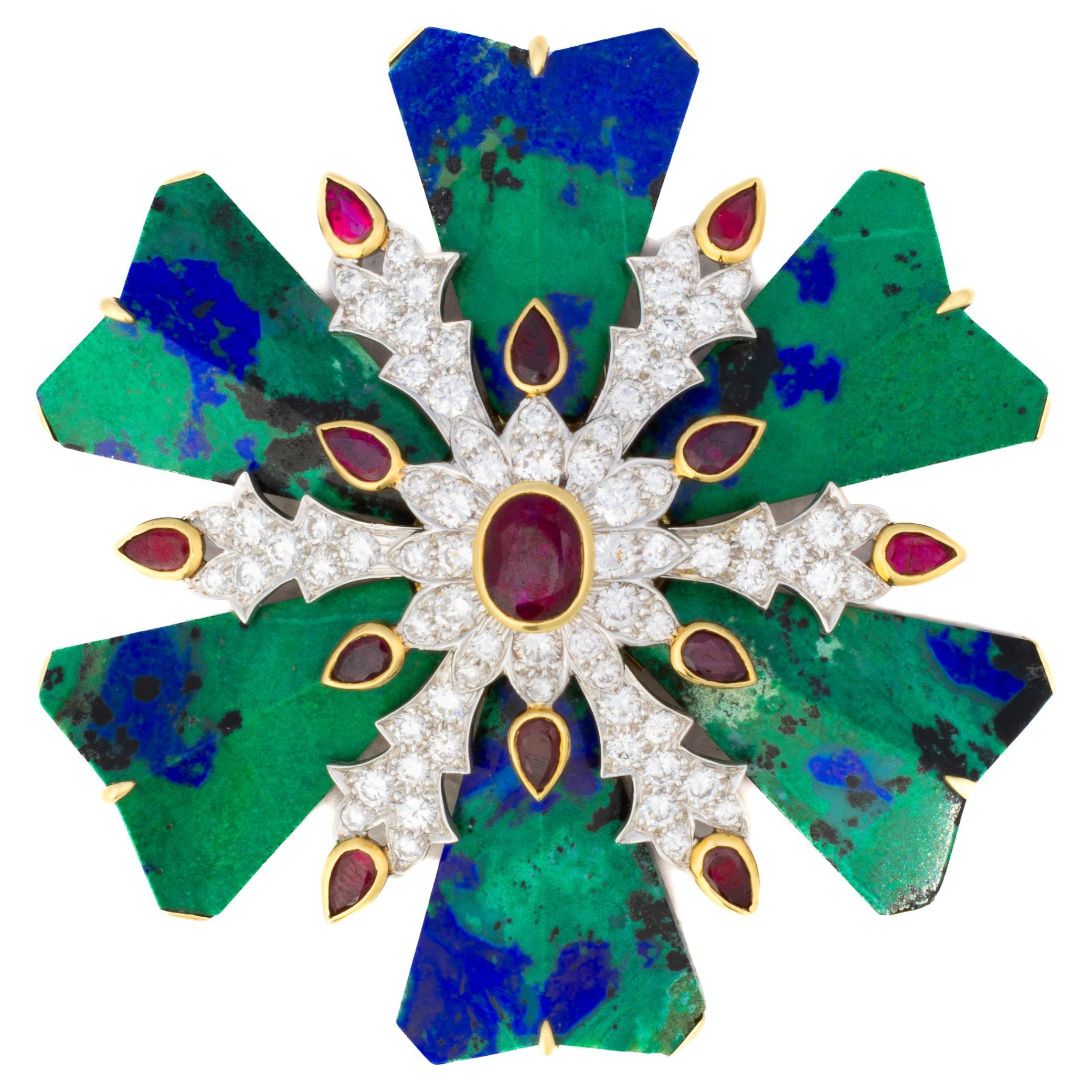 David Webb Azurmalachite, Ruby, and Diamond Maltese Cross Brooch
