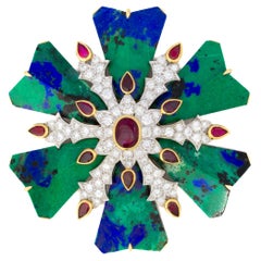 David Webb Azurmalachite, Ruby, and Diamond Maltese Cross Brooch