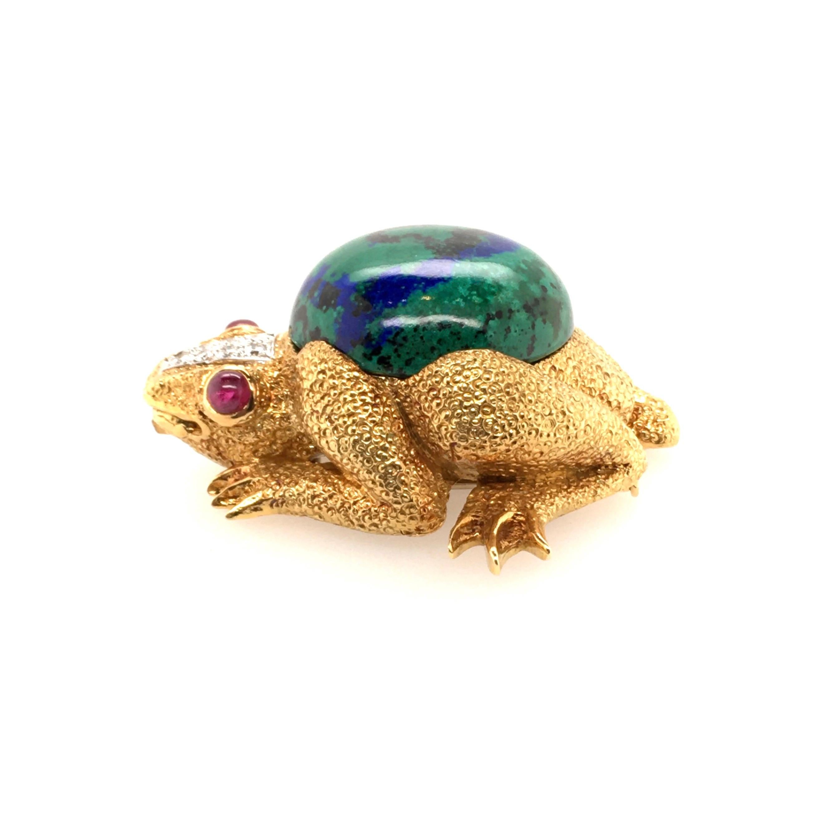 David Webb Azurmalachite, Ruby, Diamond and Gold Frog Brooch In Excellent Condition In New York, NY