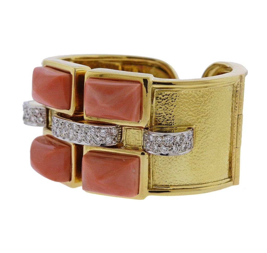 18k gold and platinum cuff bracelet, crafted by David Webb for Bastille collection, adorned with corals and approx. 1.60ctw in H/VS diamonds. Retail $54900. Bracelet iwill fit up to 7