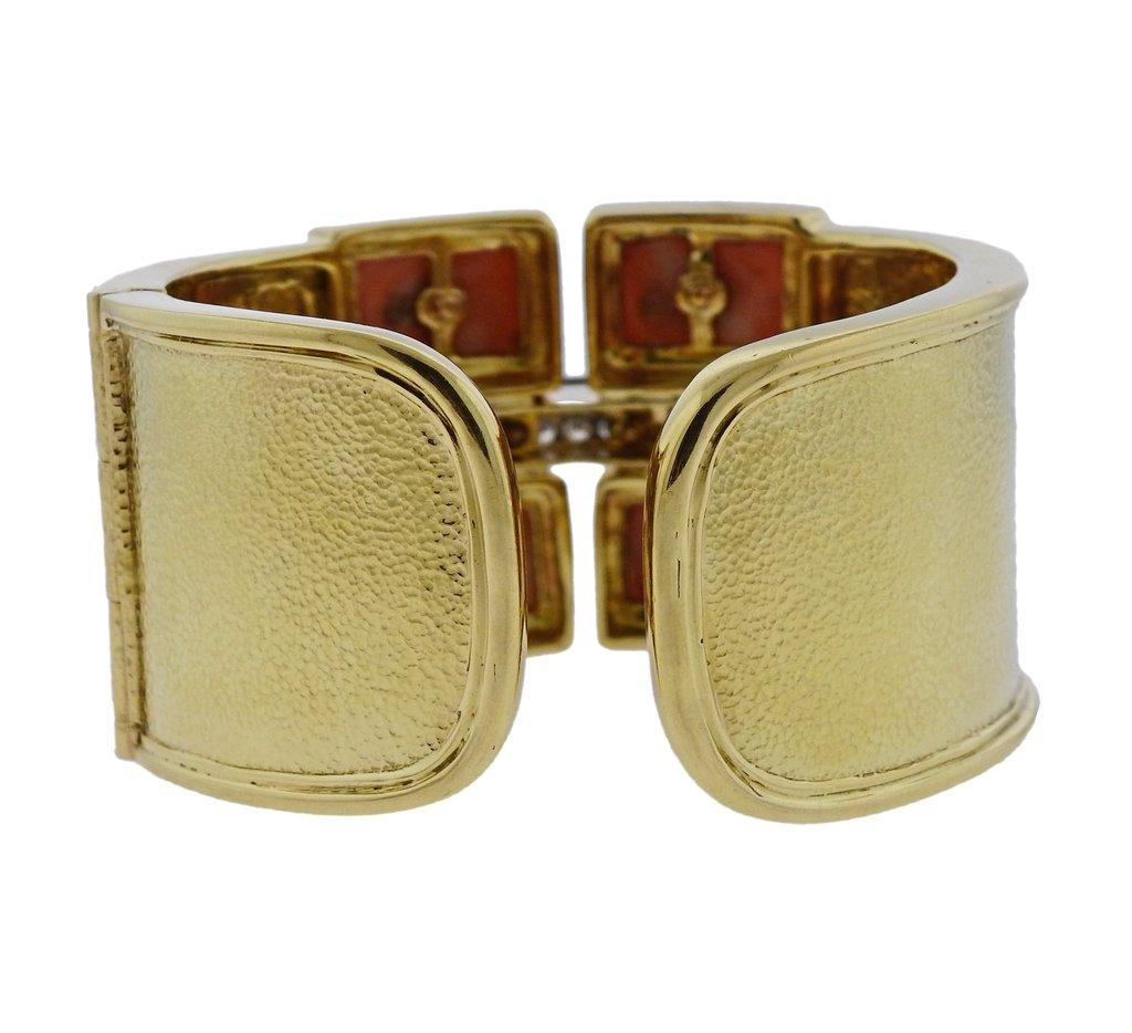 Round Cut David Webb Bastille Diamond Gold Platinum Coral Cuff Bracelet For Sale