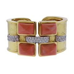 David Webb Bastille Diamond Gold Platinum Coral Cuff Bracelet