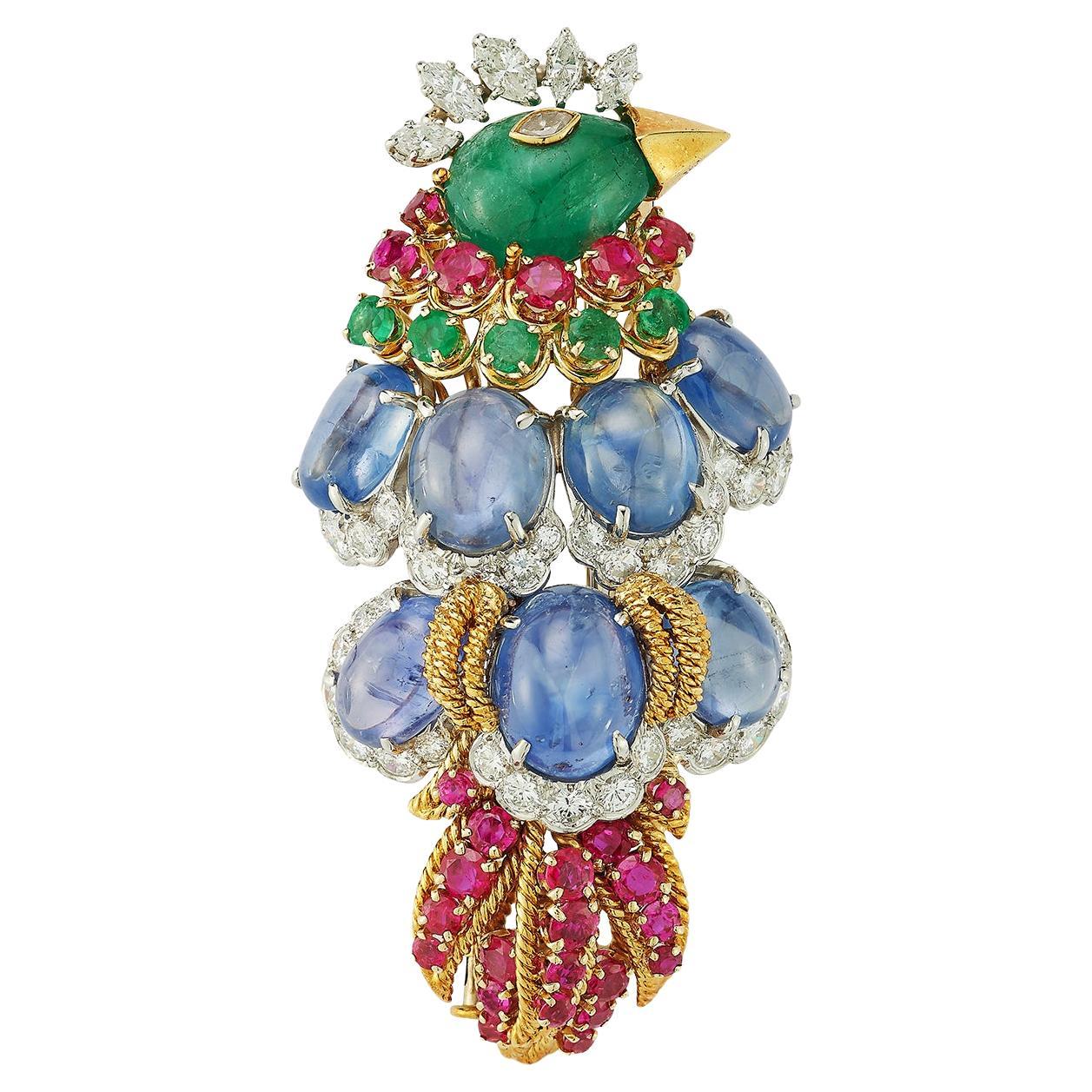 David Webb Bird Brooch With Sapphire, Emerald, Ru… - image 1