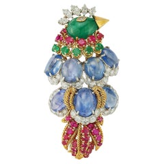 David Webb Bird Brooch with Sapphire, Emerald, Ruby, and Diamonds