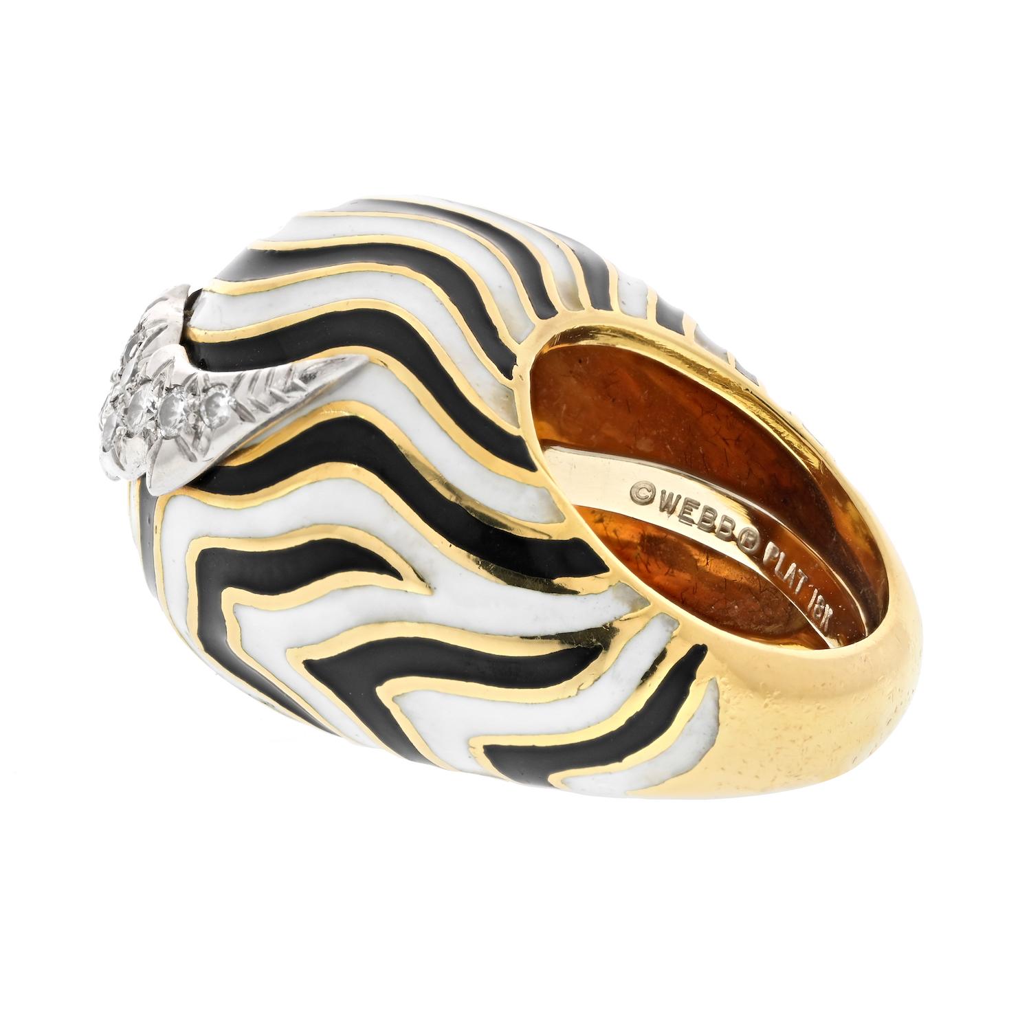 David Webb Black Bombe and White Diamond Enamel Platinum Gold Ring In Excellent Condition For Sale In New York, NY