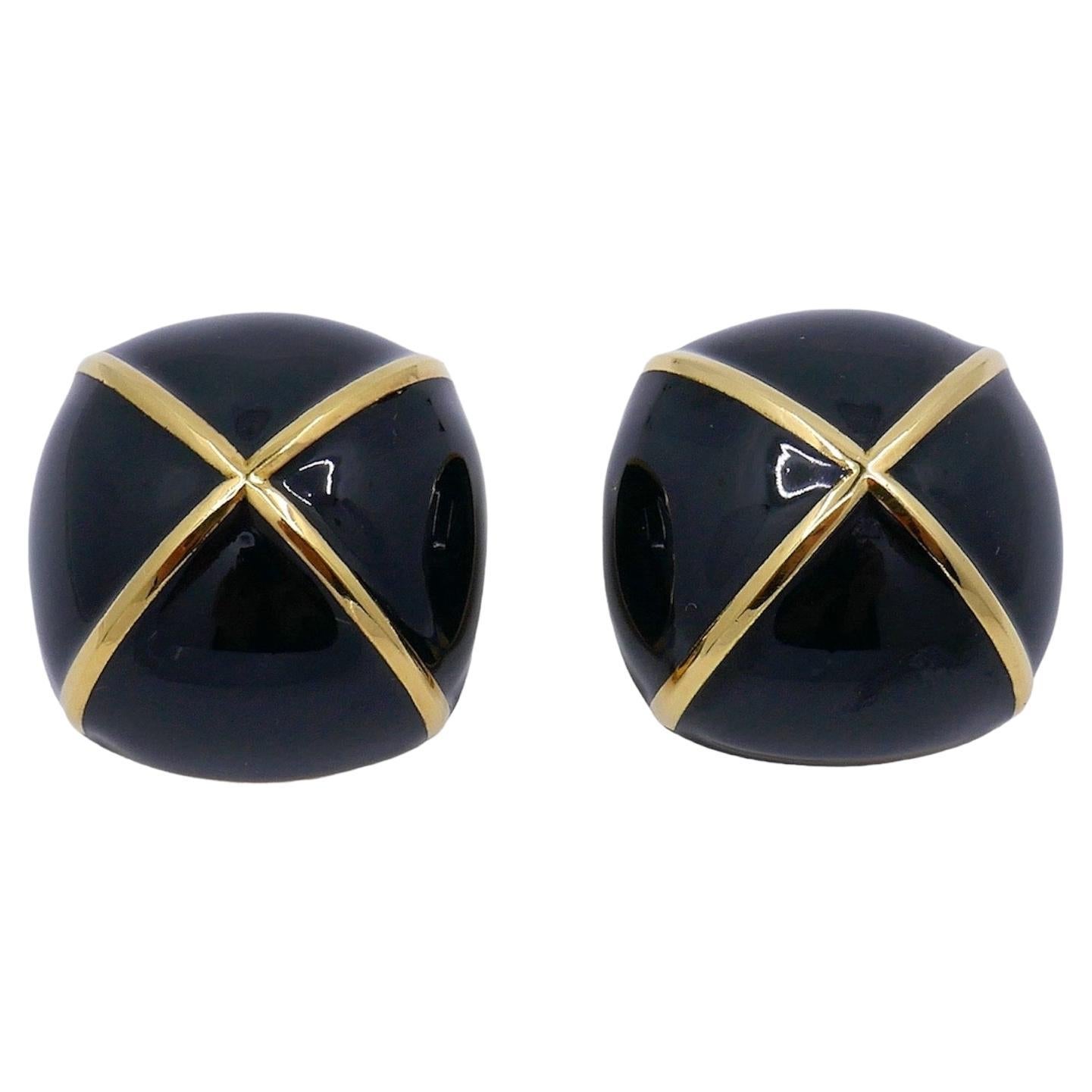 David Webb Black Enamel 18k Gold Jumbo Clip-on Earrings For Sale