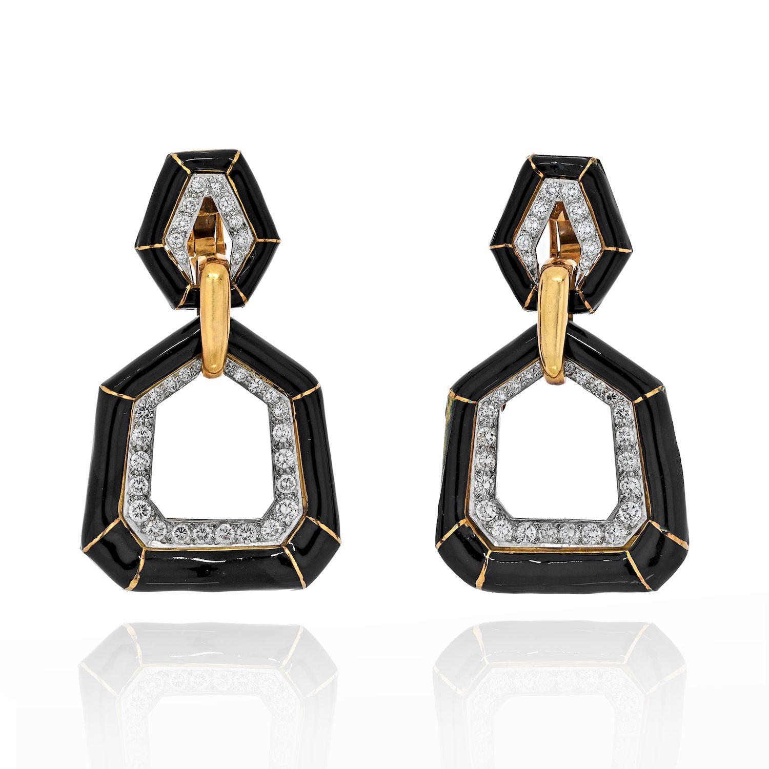 Moderne David Webb Boucles d'oreilles heurtoirs de porte en émail noir et diamants en bambou en vente