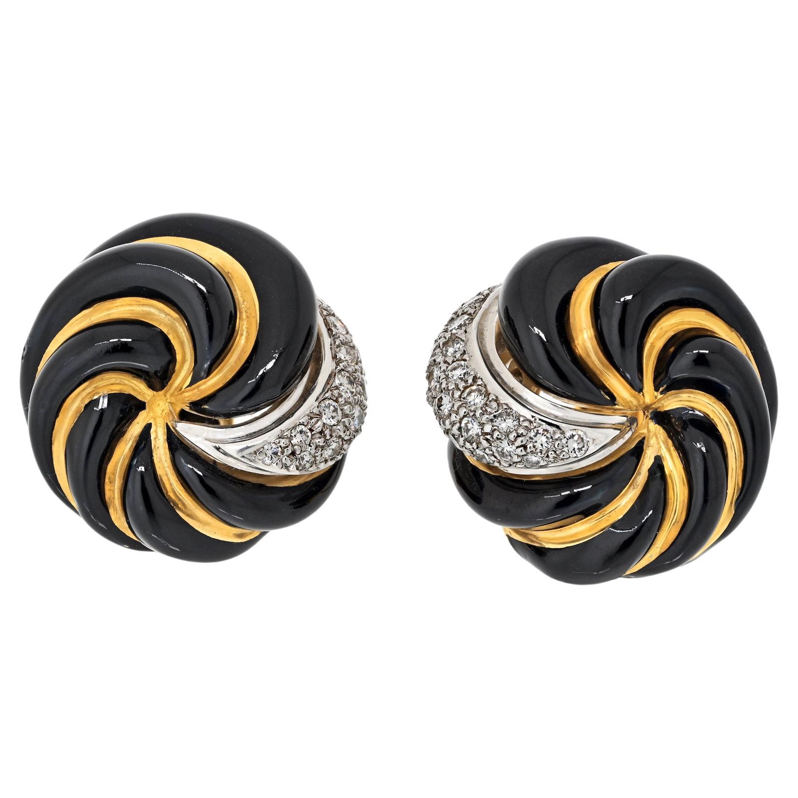 David Webb Black Enamel and Diamond Ear-clips