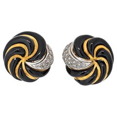 Vintage David Webb Black Enamel and Diamond Ear-clips