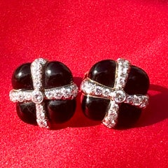 David Webb Black Enamel and Diamond Gift Box Ear Clips