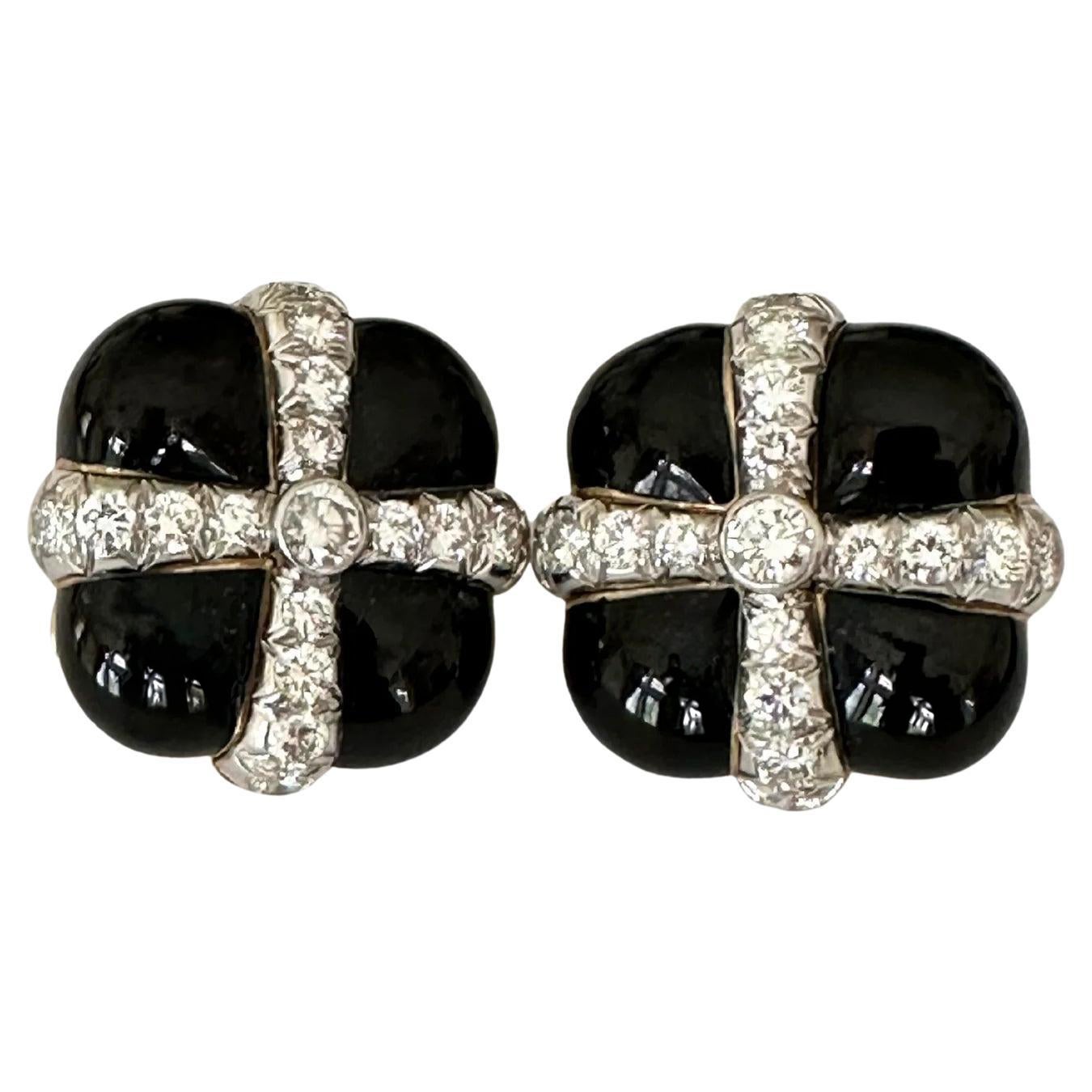 David Webb Black Enamel and Diamond Gift Box Ear Clips