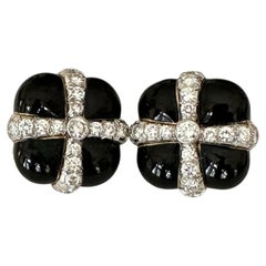 David Webb Black Enamel and Diamond Gift Box Ear Clips