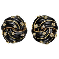 David Webb Black Enamel and Diamond Knot Earclips
