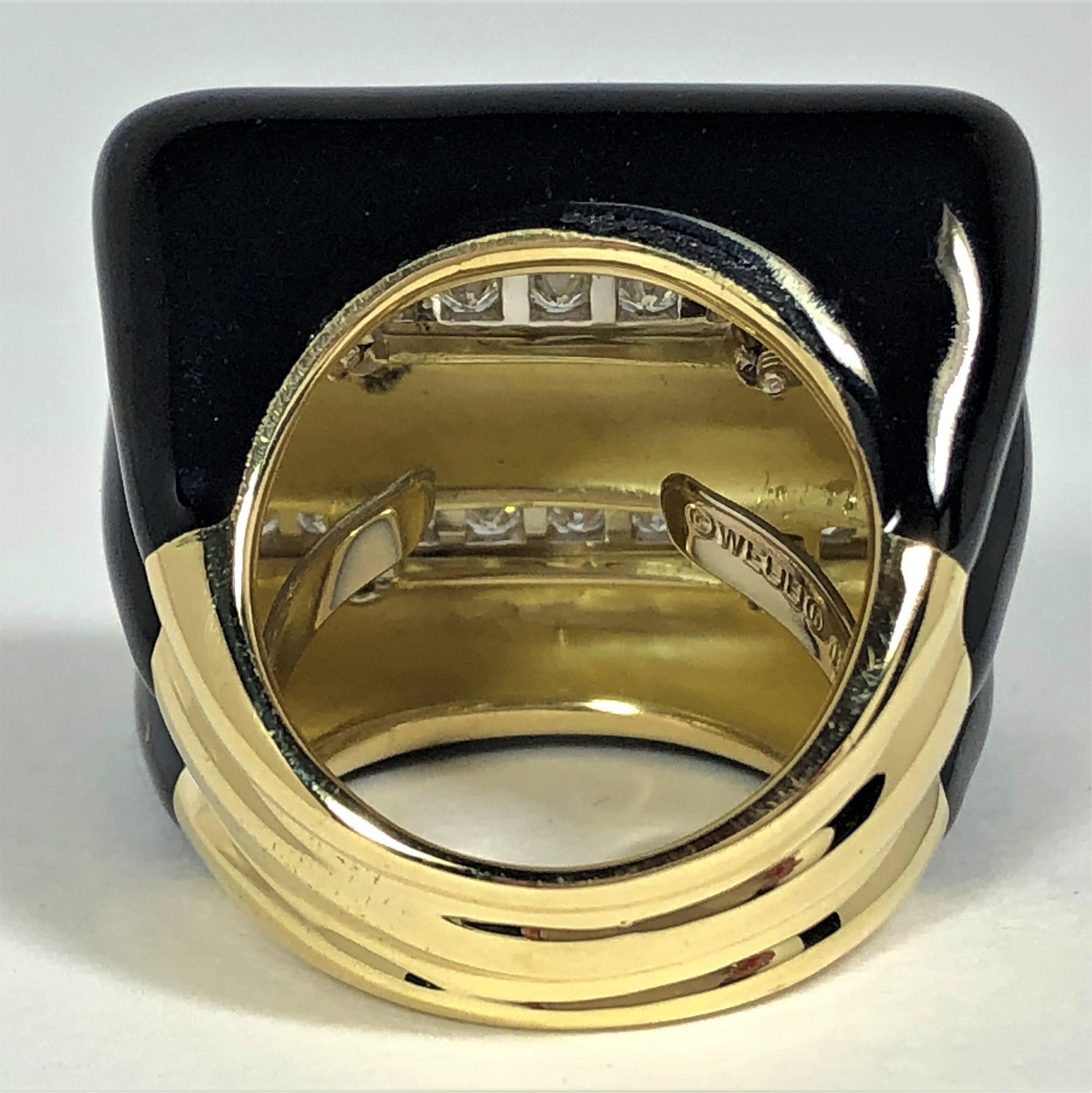 Cushion Cut David Webb Black Enamel and Diamond Radiator Ring For Sale