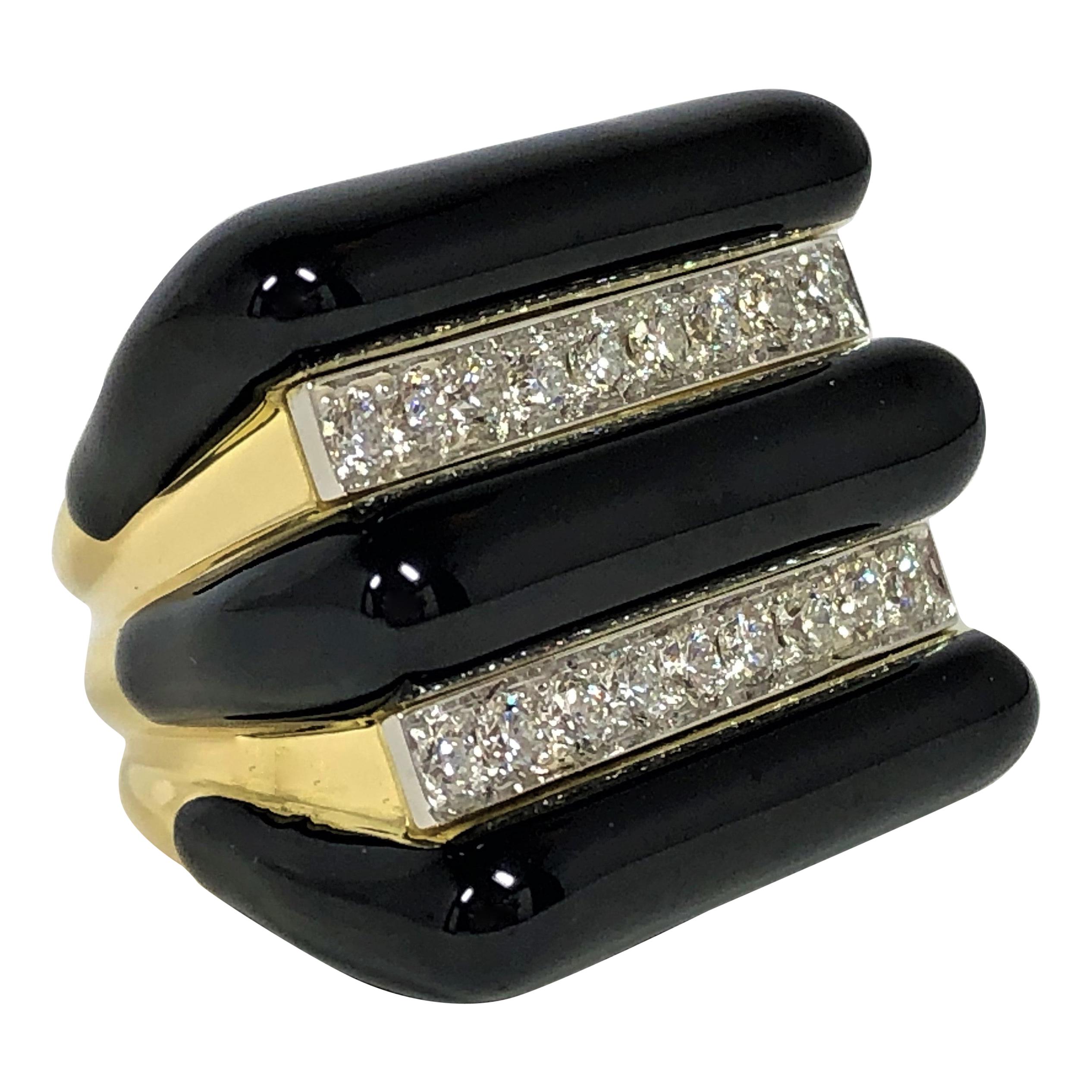 David Webb Black Enamel and Diamond Radiator Ring For Sale