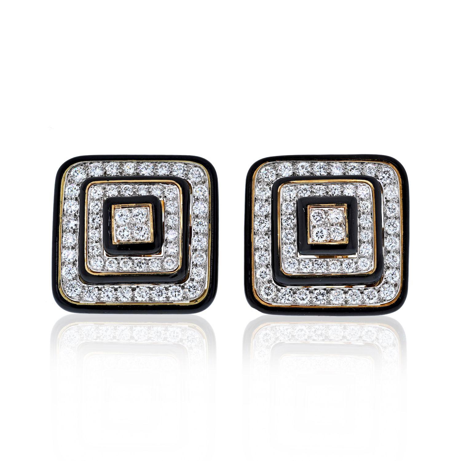 David Webb Black Enamel and Diamond Square Shaped Earrings In Excellent Condition For Sale In New York, NY