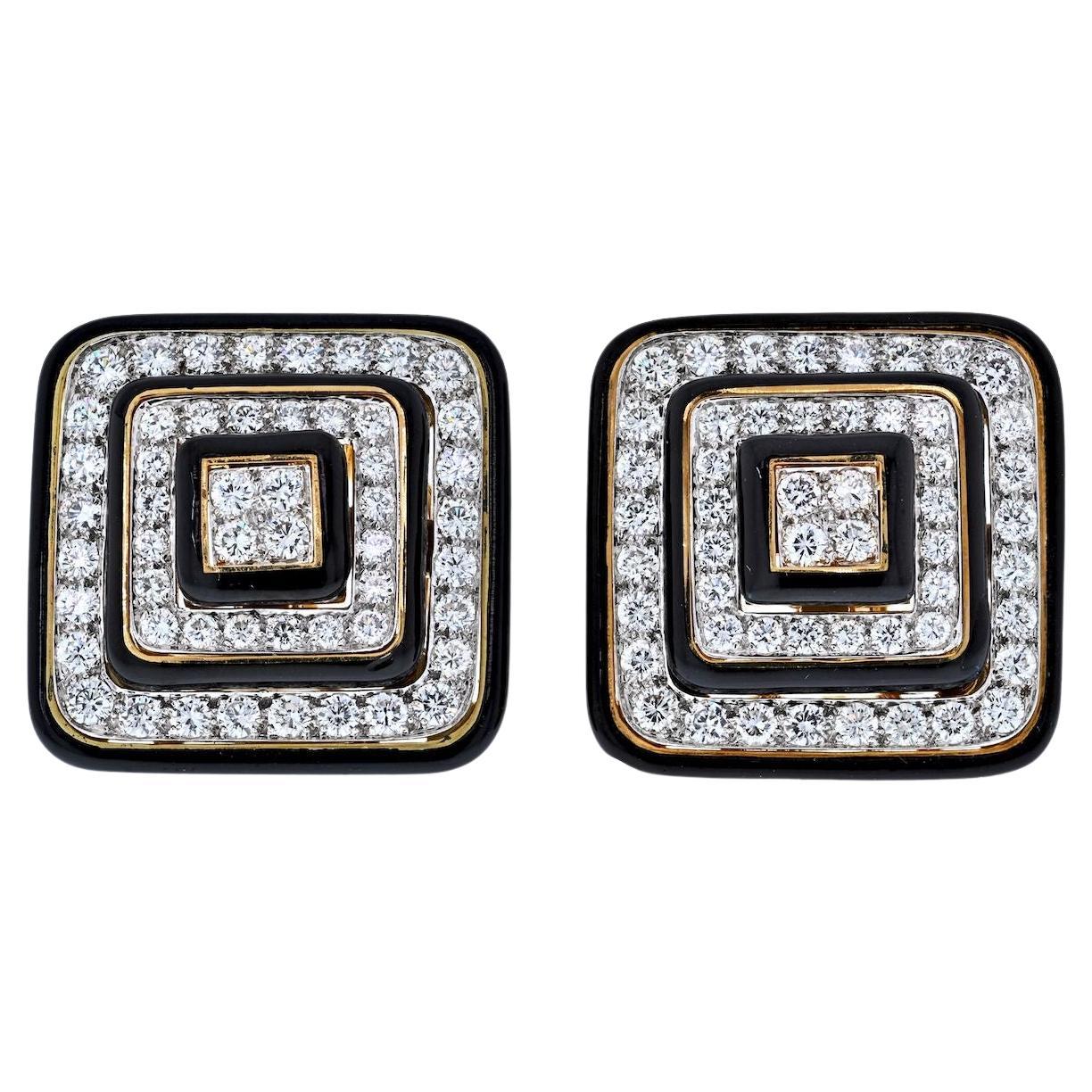 David Webb Black Enamel and Diamond Square Shaped Earrings For Sale