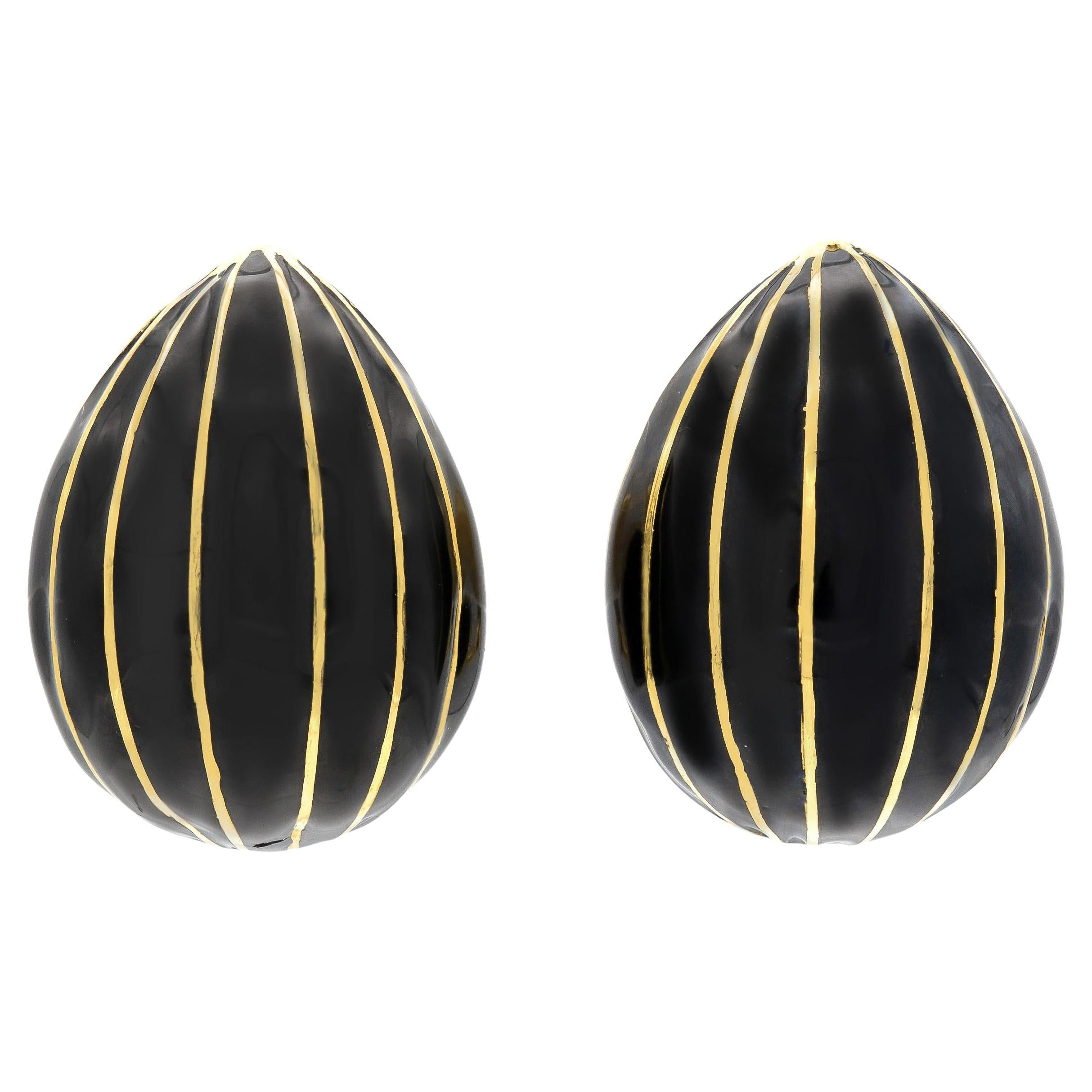 David Webb Black Enamel and Gold Almond Earrings