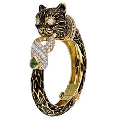 David Webb Black Enamel Cat Head Cuff Bangle Bracelet