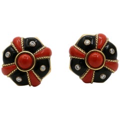 David Webb Black Enamel, Coral and Diamond Earrings