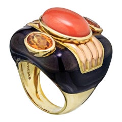 David Webb Black Enamel Coral and Yellow Gold Ring