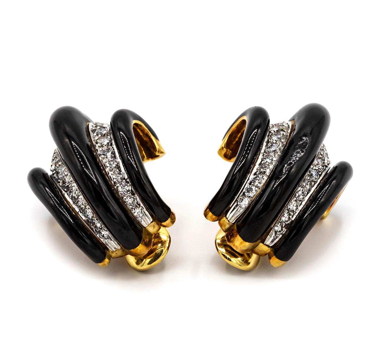Modern David Webb Black Enamel Diamond 18 Karat Gold Shrimp Huggie Clip-On Earrings For Sale