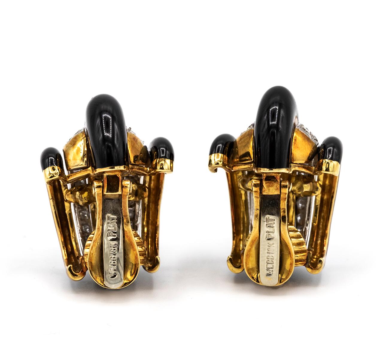 Round Cut David Webb Black Enamel Diamond 18 Karat Gold Shrimp Huggie Clip-On Earrings For Sale