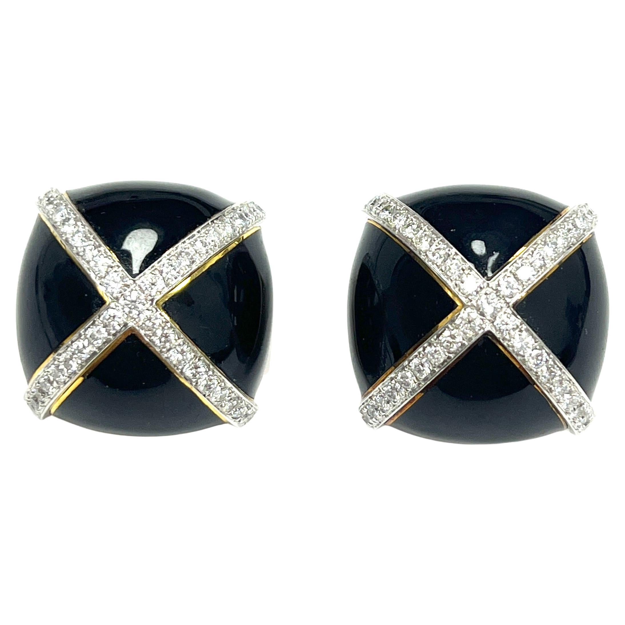 David Webb Black Enamel Diamond 18k Yellow & White Gold X Ear Clips