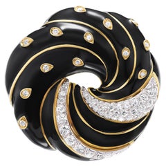 David Webb Black Enamel, Diamond and Gold Swirl Brooch