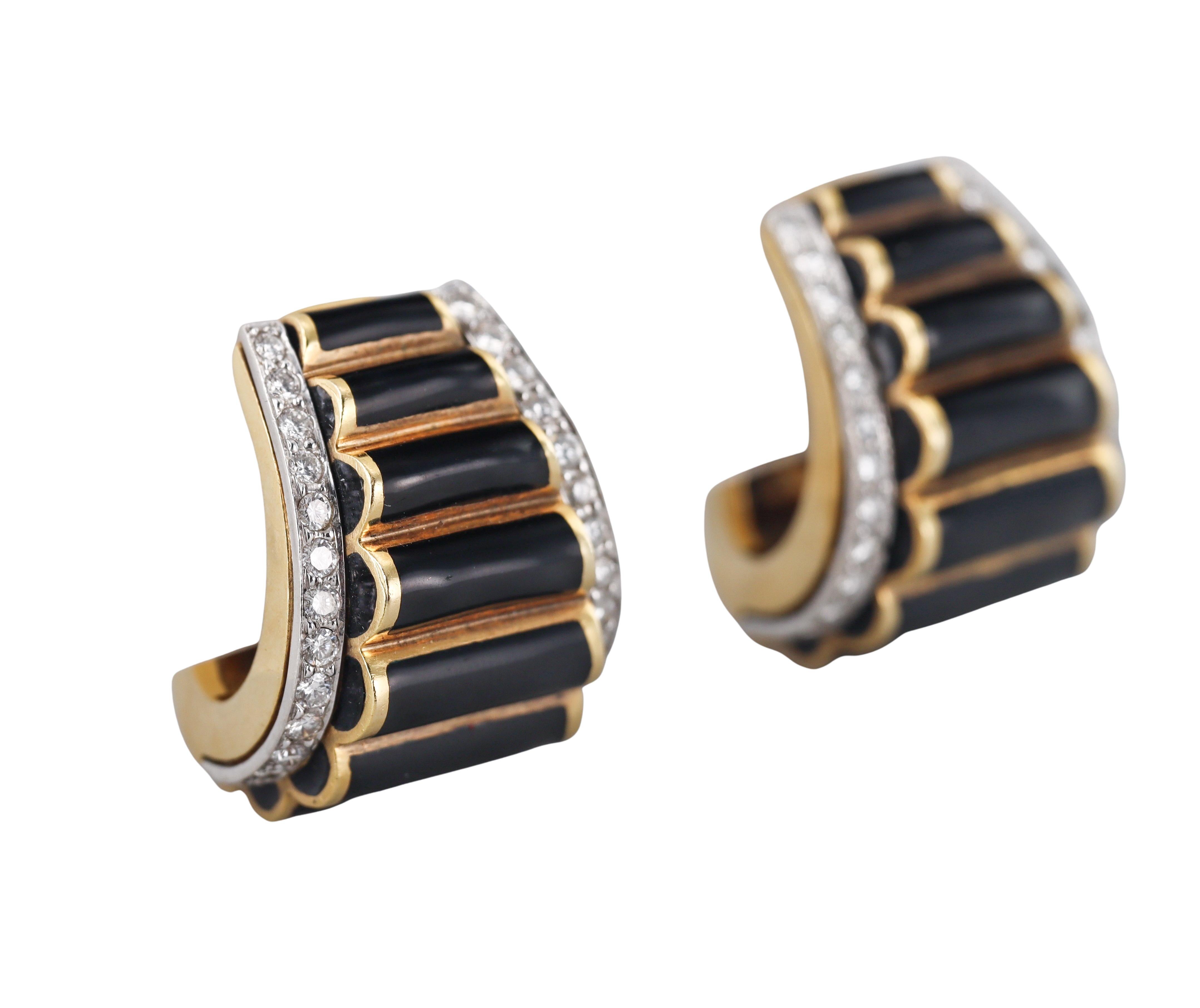 Pair of classic large 18k yellow gold and platinum half hoop earrings by David Webb, set with approx. 2.80ctw in H/VS-Si1 diamonds and black enamel (small chips are present on the enamel). Earrings measure 1 1/8