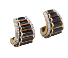 David Webb Black Enamel Diamond Gold Platinum Half Hoop Earrings