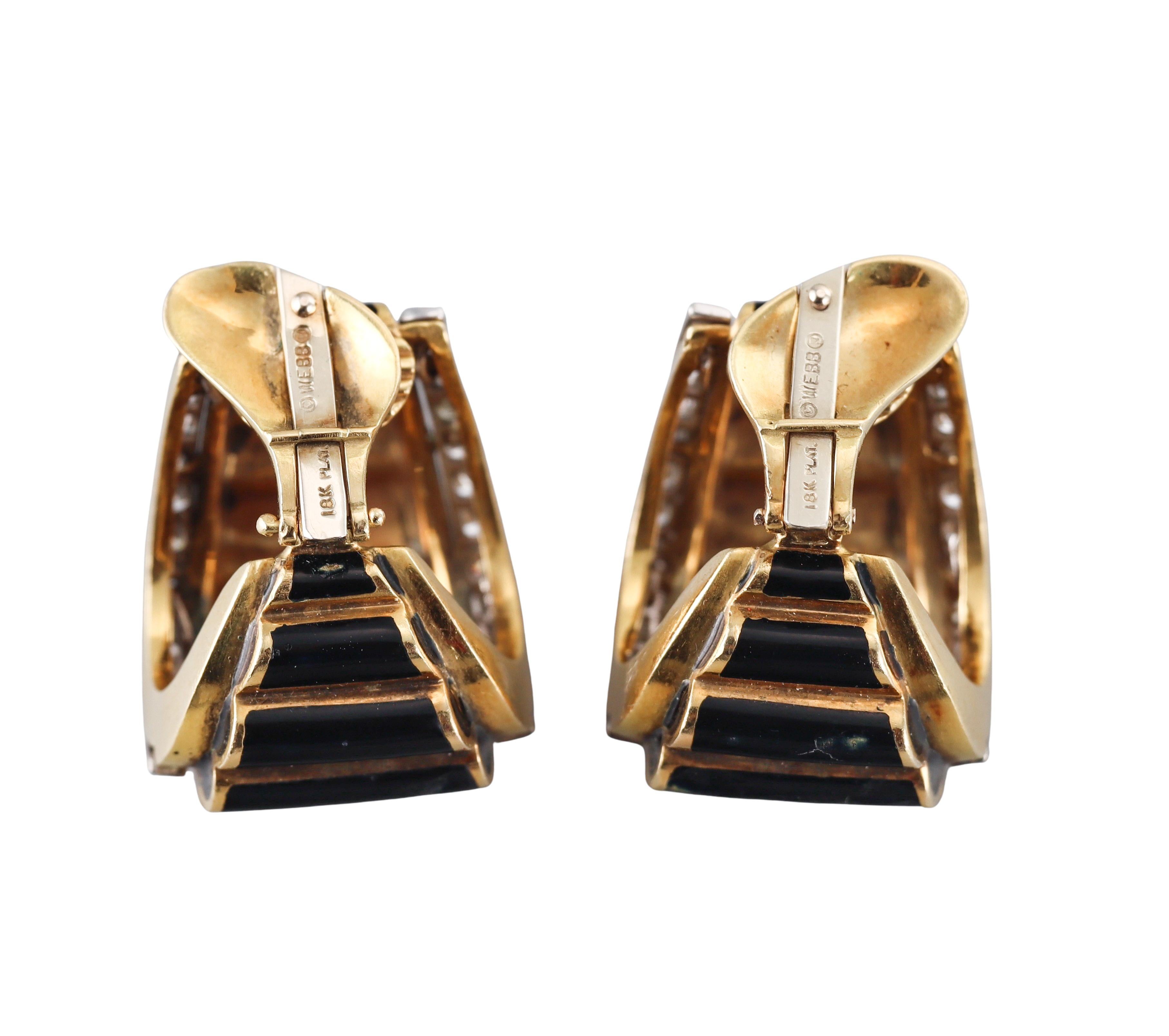 Round Cut David Webb Black Enamel Diamond Gold Platinum Half Hoop Earrings For Sale