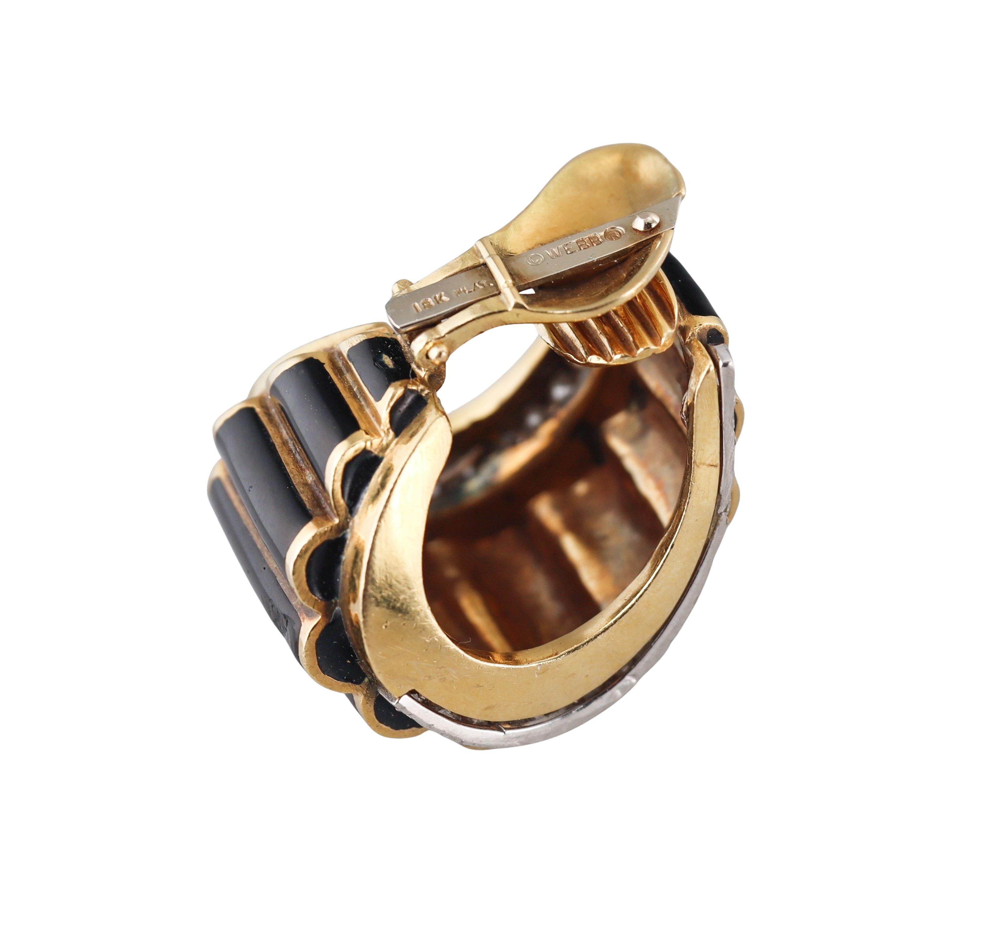 David Webb Black Enamel Diamond Gold Platinum Half Hoop Earrings In Excellent Condition For Sale In New York, NY