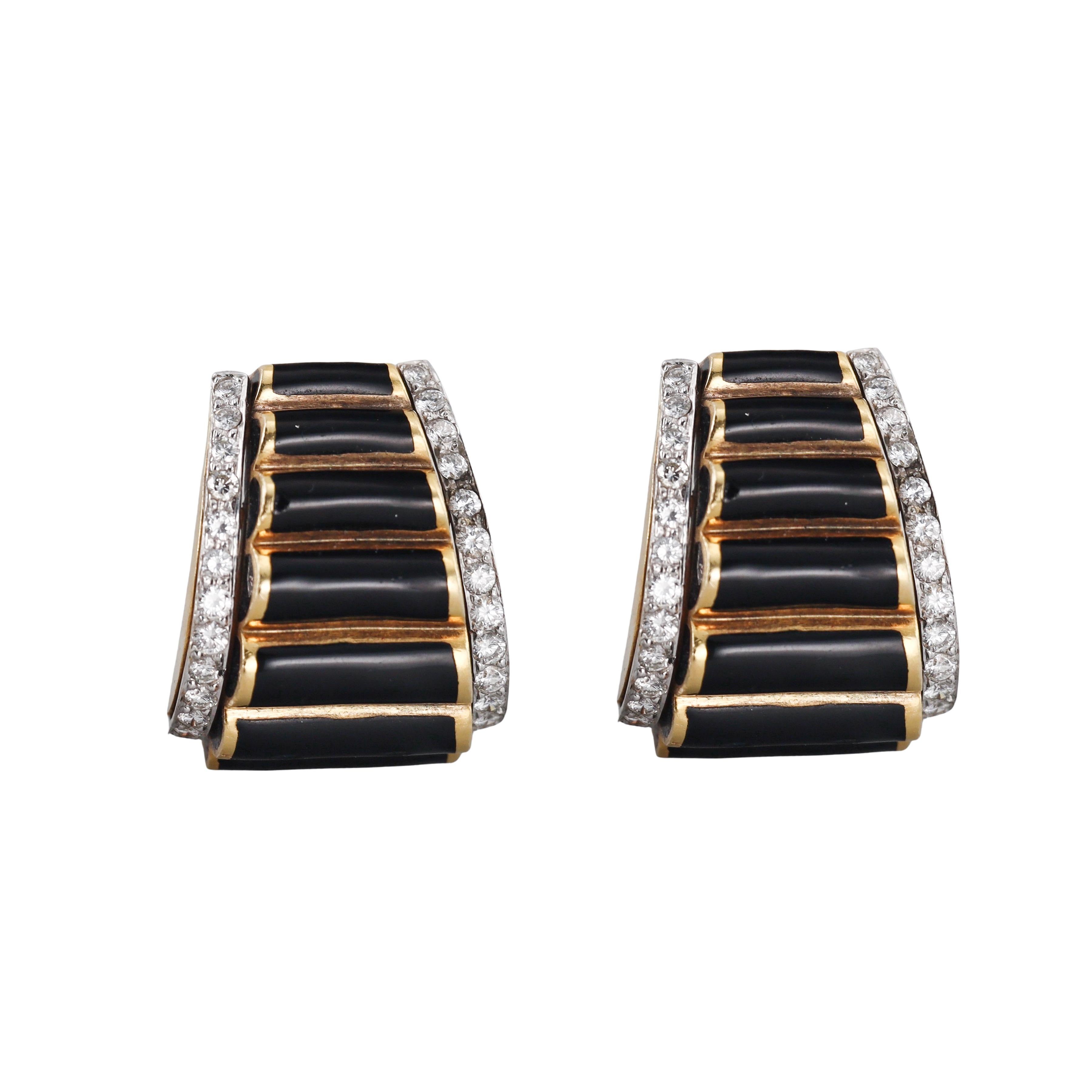 David Webb Black Enamel Diamond Gold Platinum Half Hoop Earrings