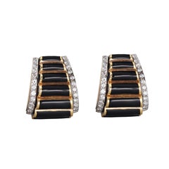 David Webb Black Enamel Diamond Gold Platinum Half Hoop Earrings