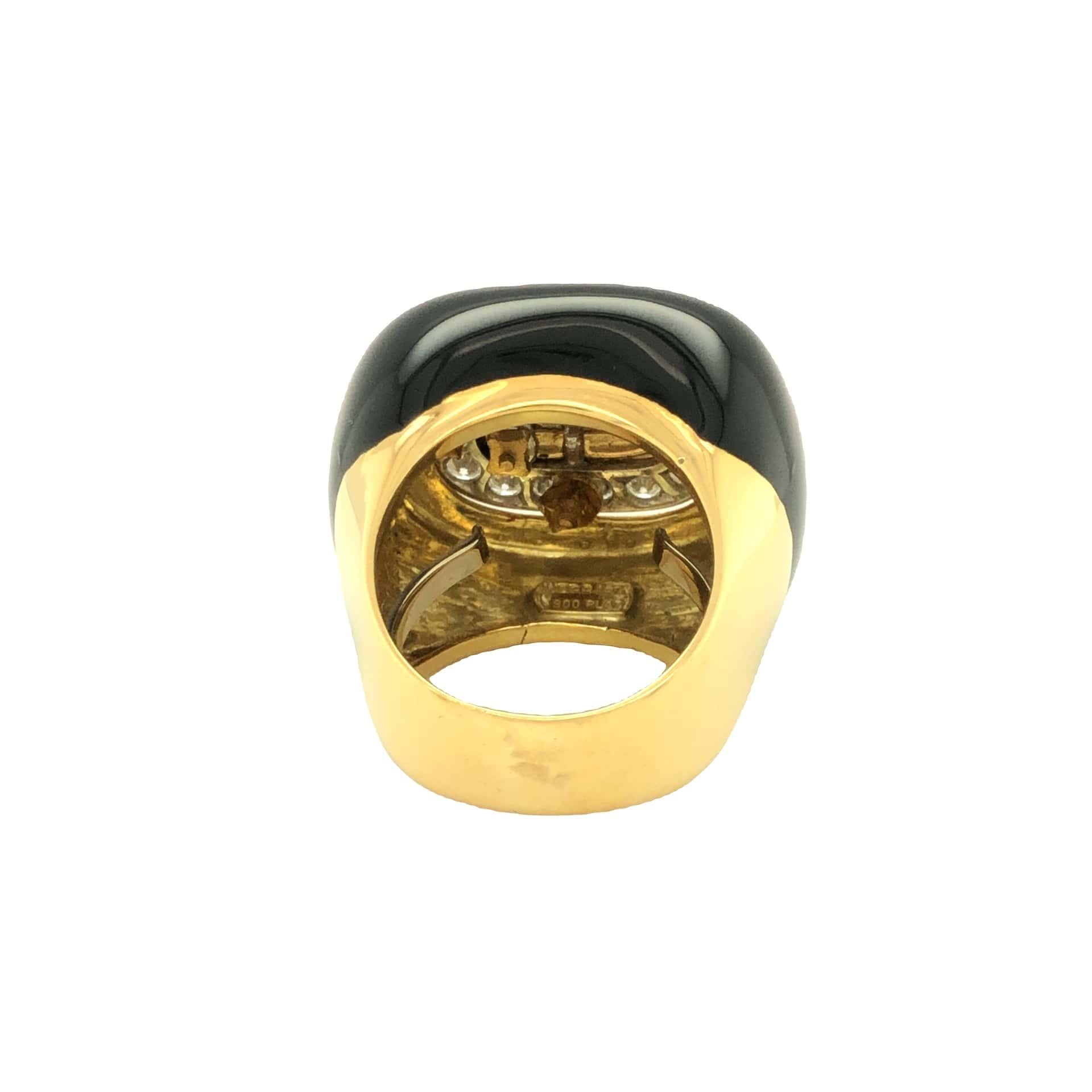 Round Cut Tiffany and Co Black Enamel Diamond Ring 18K Yellow Gold For Sale