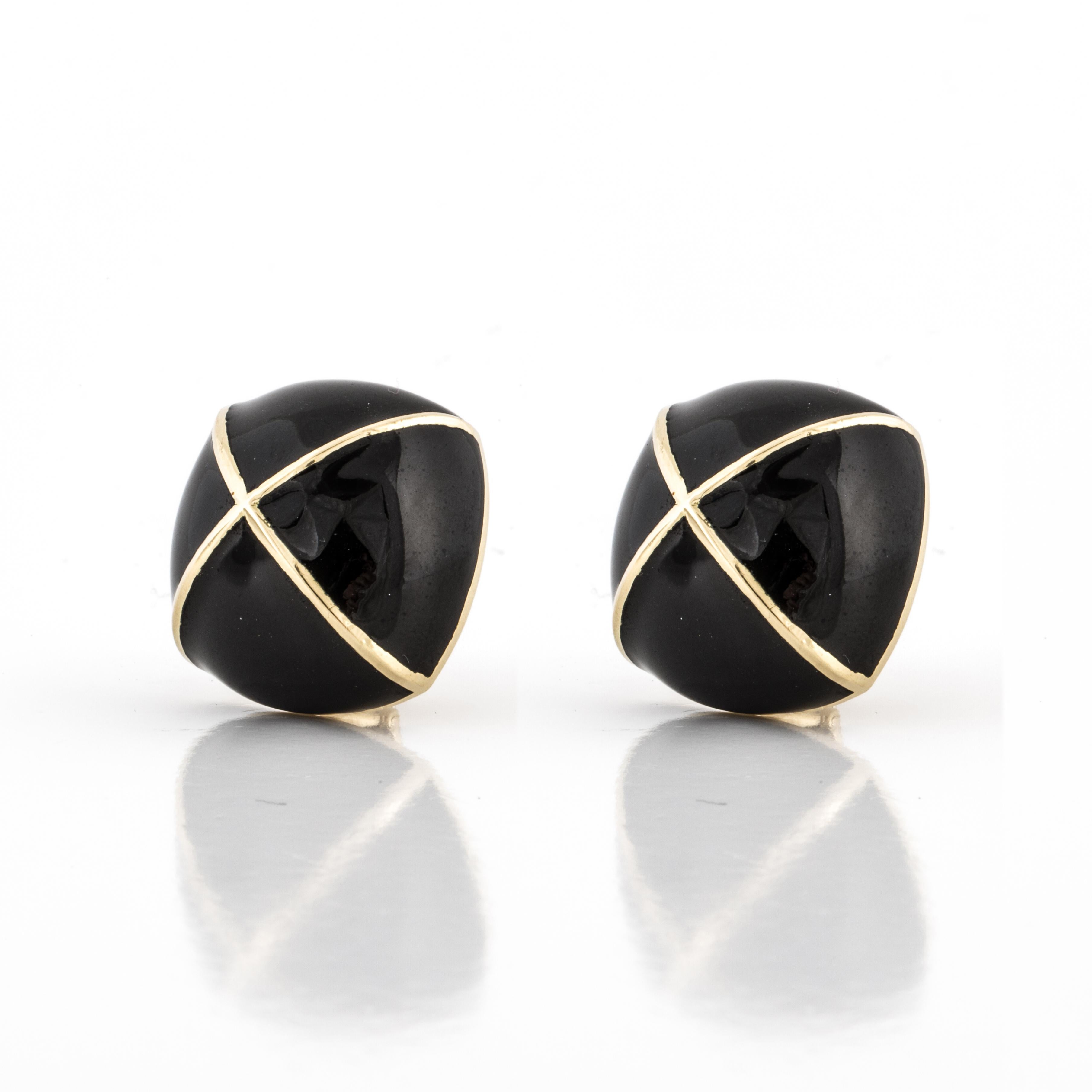 David Webb square cushion earrings in 18K yellow gold with black enamel.  They measure 1 1/16 inches by 1 1/16 inches and stand 5/8 inches off the ear.  Earrings are a clip style.