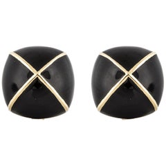 David Webb Black Enamel Square Cushion Earrings