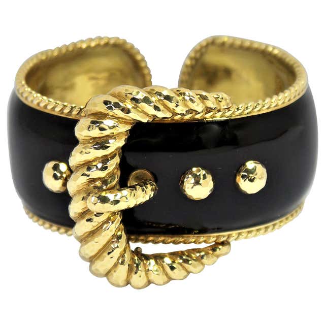 Black Enamel Diamond Gold Bangle Bracelet For Sale at 1stDibs
