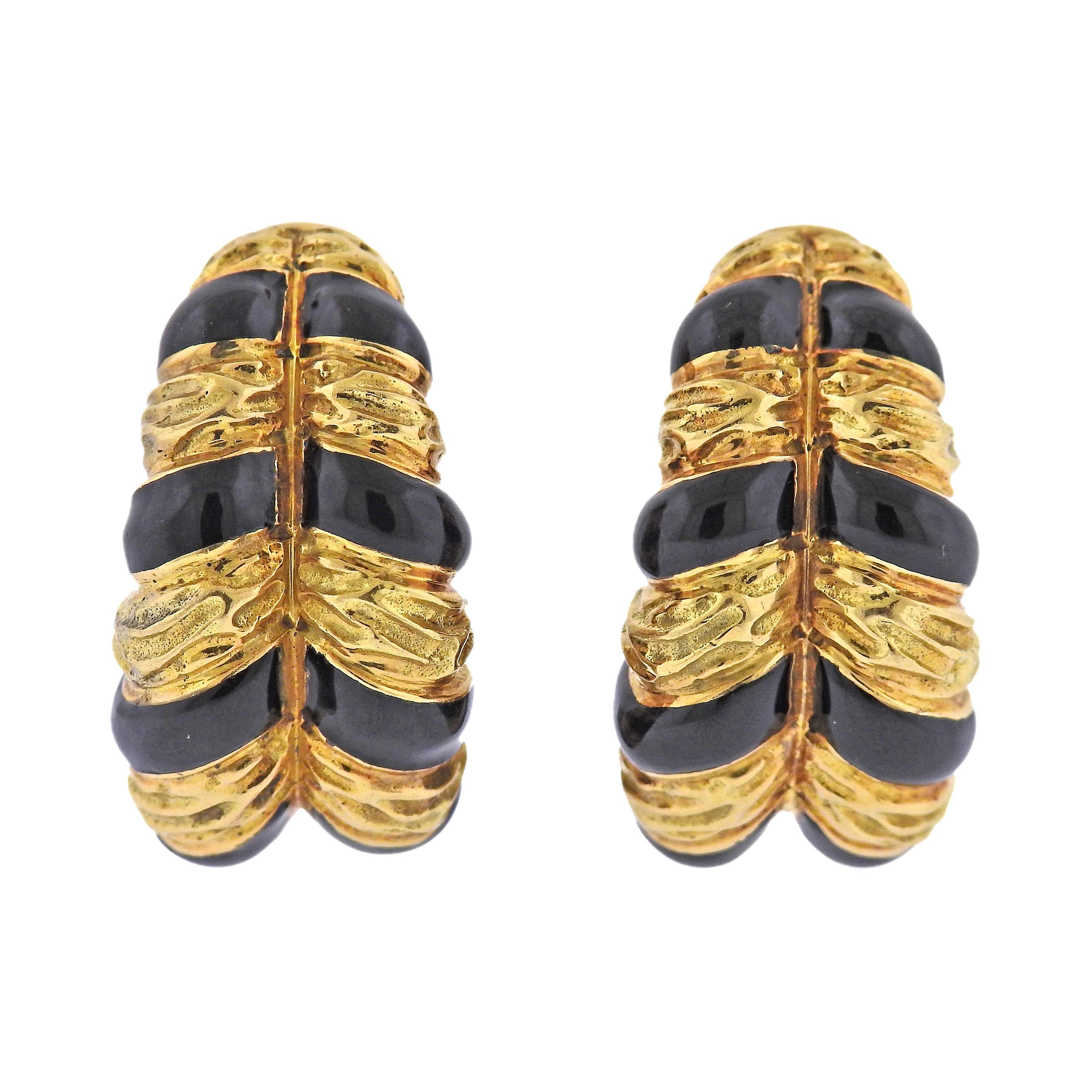David Webb Black Enamel Gold Half Hoop Earrings For Sale