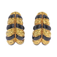 Vintage David Webb Black Enamel Gold Half Hoop Earrings