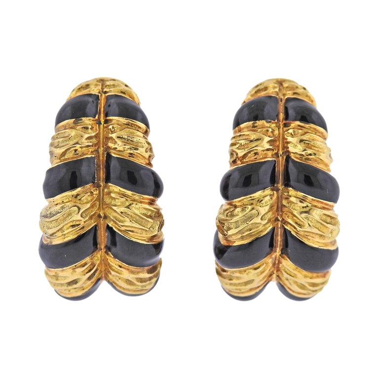 David Webb Black Enamel Gold Half Hoop Earrings For Sale at 1stDibs