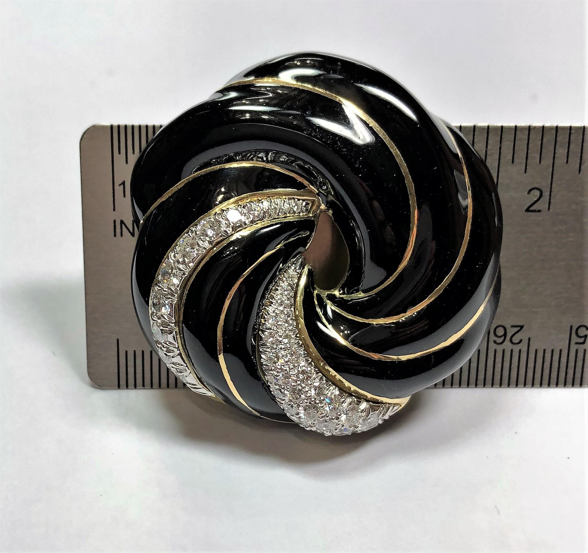 Round Cut David Webb Black Enamel Gold Platinum and Diamond Swirl Brooch For Sale